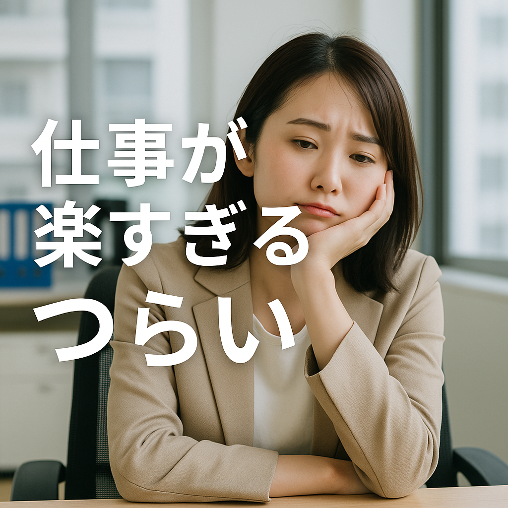 仕事が楽すぎて辛いと感じる人が、モヤモヤした気持ちを抱えて立ち止まっているイメージ（日本語のタイトル入り）