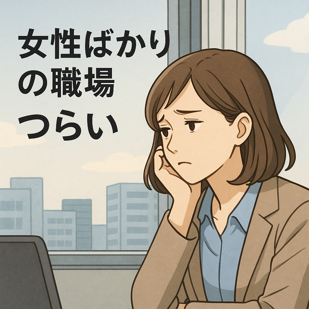女性ばかりの職場に悩む30代女性の転職イメージ画像。柔らかな色合いで不安から希望へ向かう様子を表現。