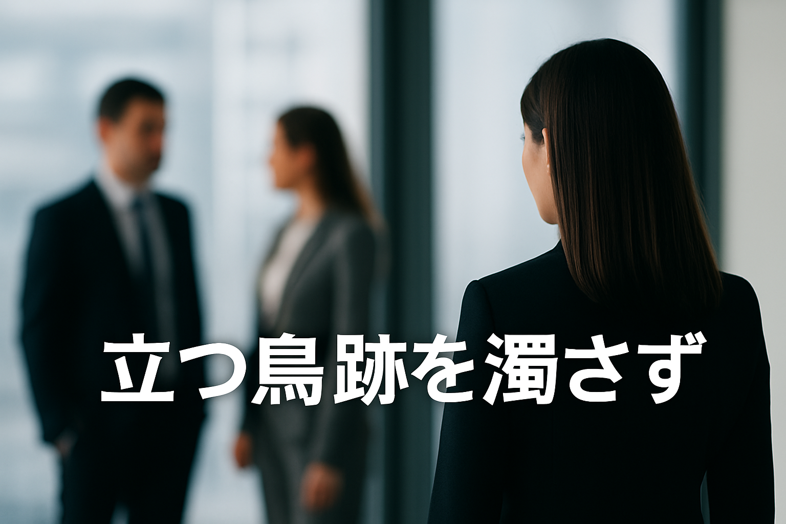 オフィスの窓辺で背を向ける女性ビジネスパーソンと、その奥に会話する男女の同僚たち。画面には「立つ鳥跡を濁さず」の文字。